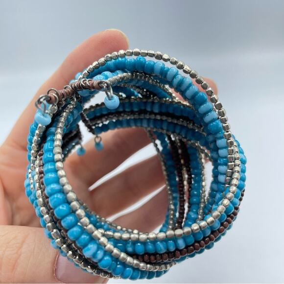 Teal & Brown Beaded Stretch Bracelet Cuff Twisted Boho - Picture 6 of 6